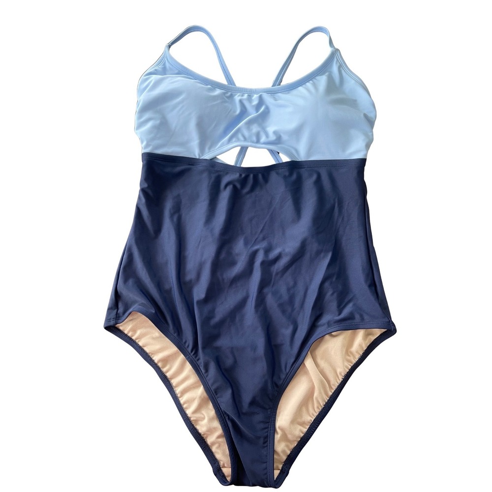 Kona Sol Women's One-Piece Swimsuit XL Colorblock Cutout Back Tie Navy Blue